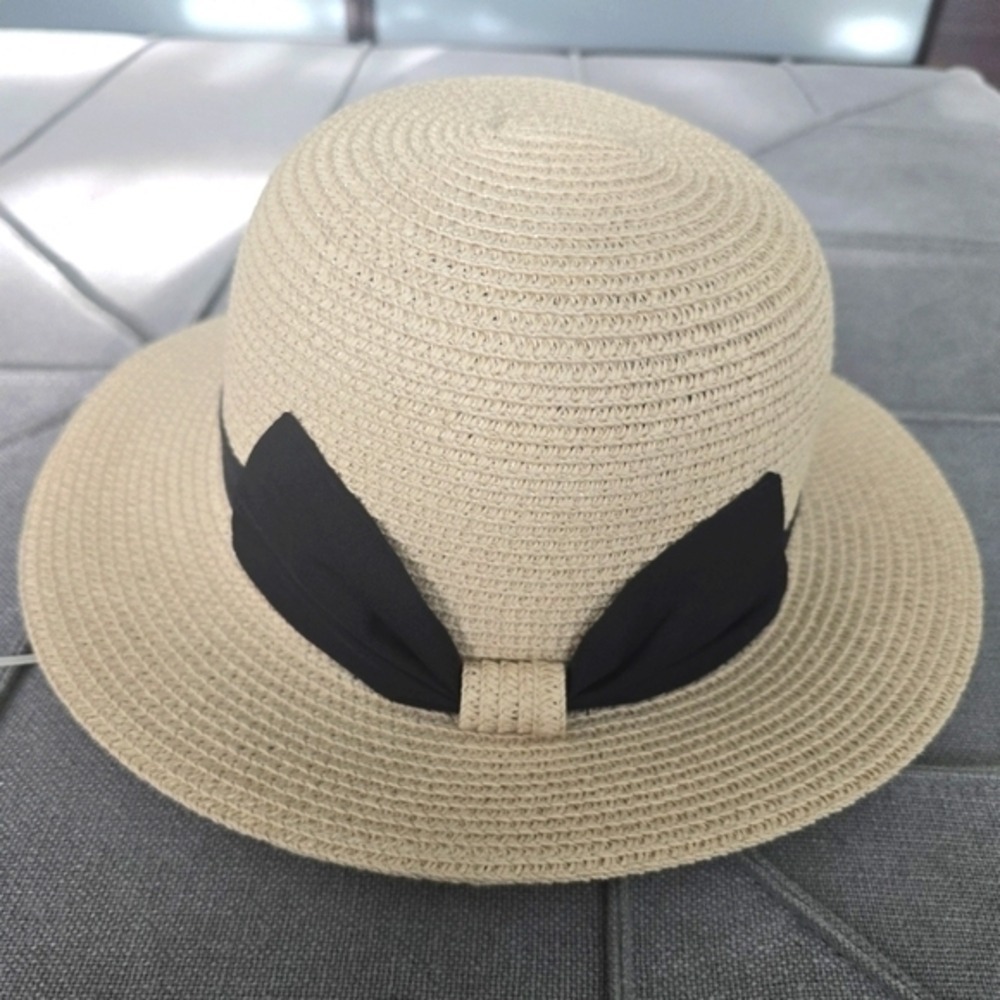 Cayman Apparel Co Women Straw Sun Hat Beige Tan Black Ribbon Bow Summer Beach